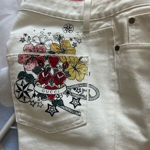 Gucci White Denim Jeans with Red, Yellow, Green Floral Back Pocket Print